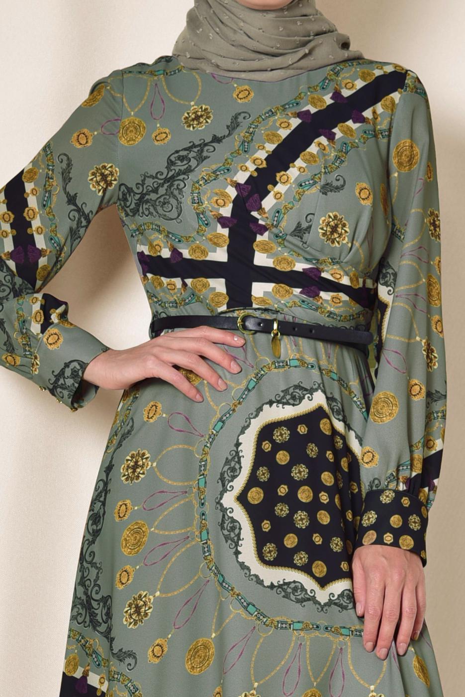 Tesettür giyim GRİ KARIŞIK DESENLİ ELBİSE 4084