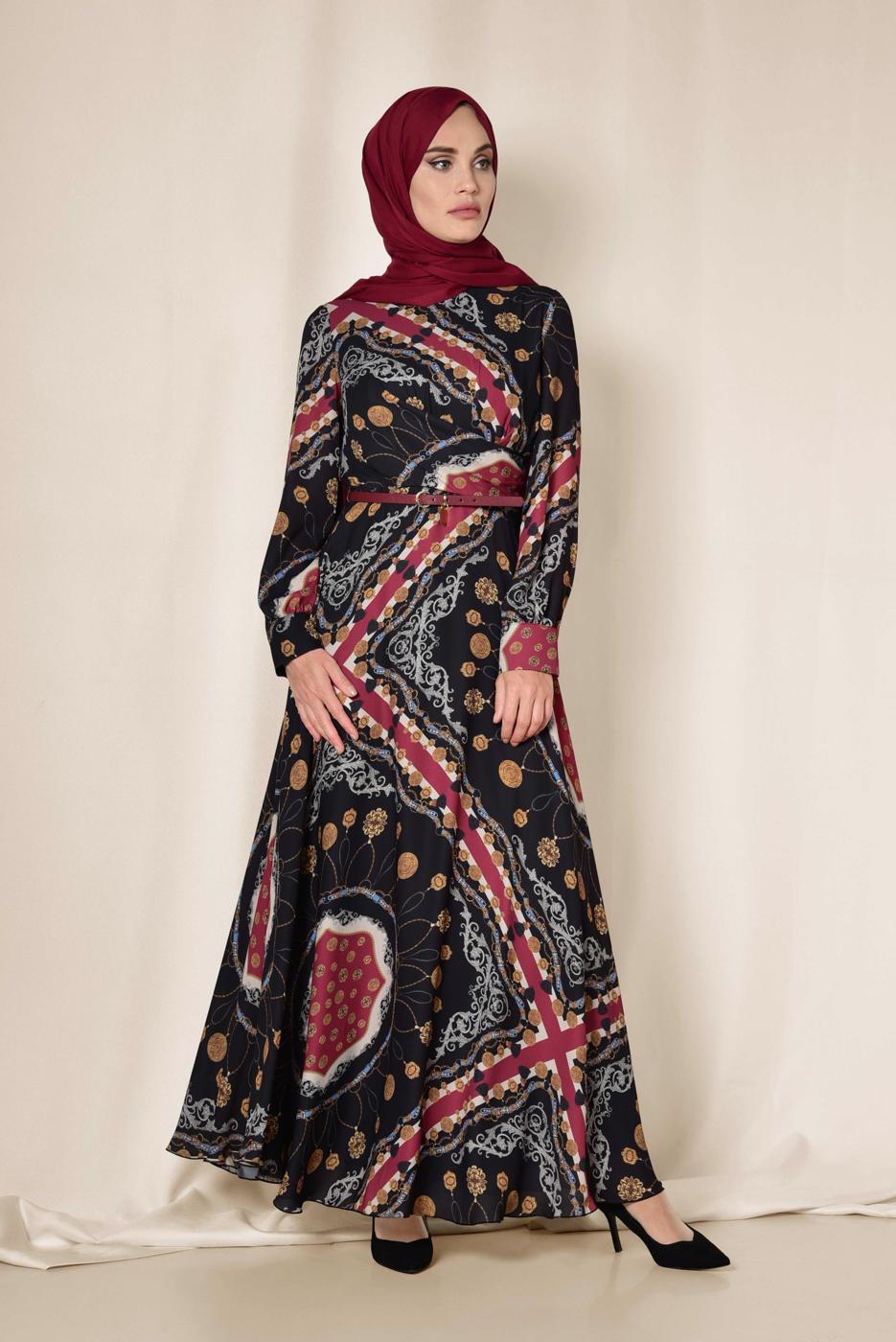 Tesettür giyim SİYAH KARIŞIK DESENLİ ELBİSE 4084