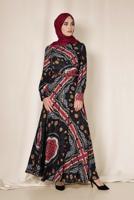 Tesettür giyim SİYAH KARIŞIK DESENLİ ELBİSE 4084