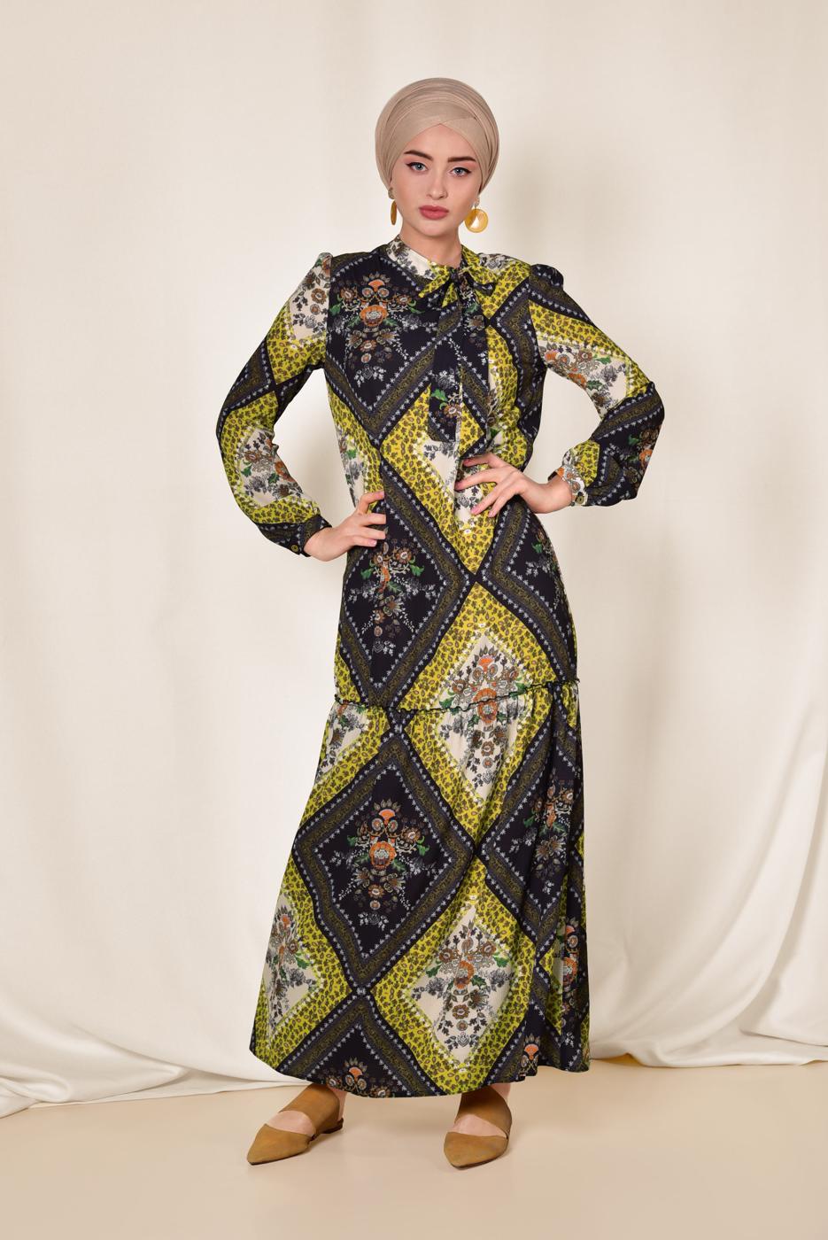 Tesettür giyim SARI ALVİNA YAKASI BAĞLAMALI DESENLİ ELBİSE 4085 