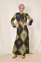 Tesettür giyim SARI ALVİNA YAKASI BAĞLAMALI DESENLİ ELBİSE 4085 