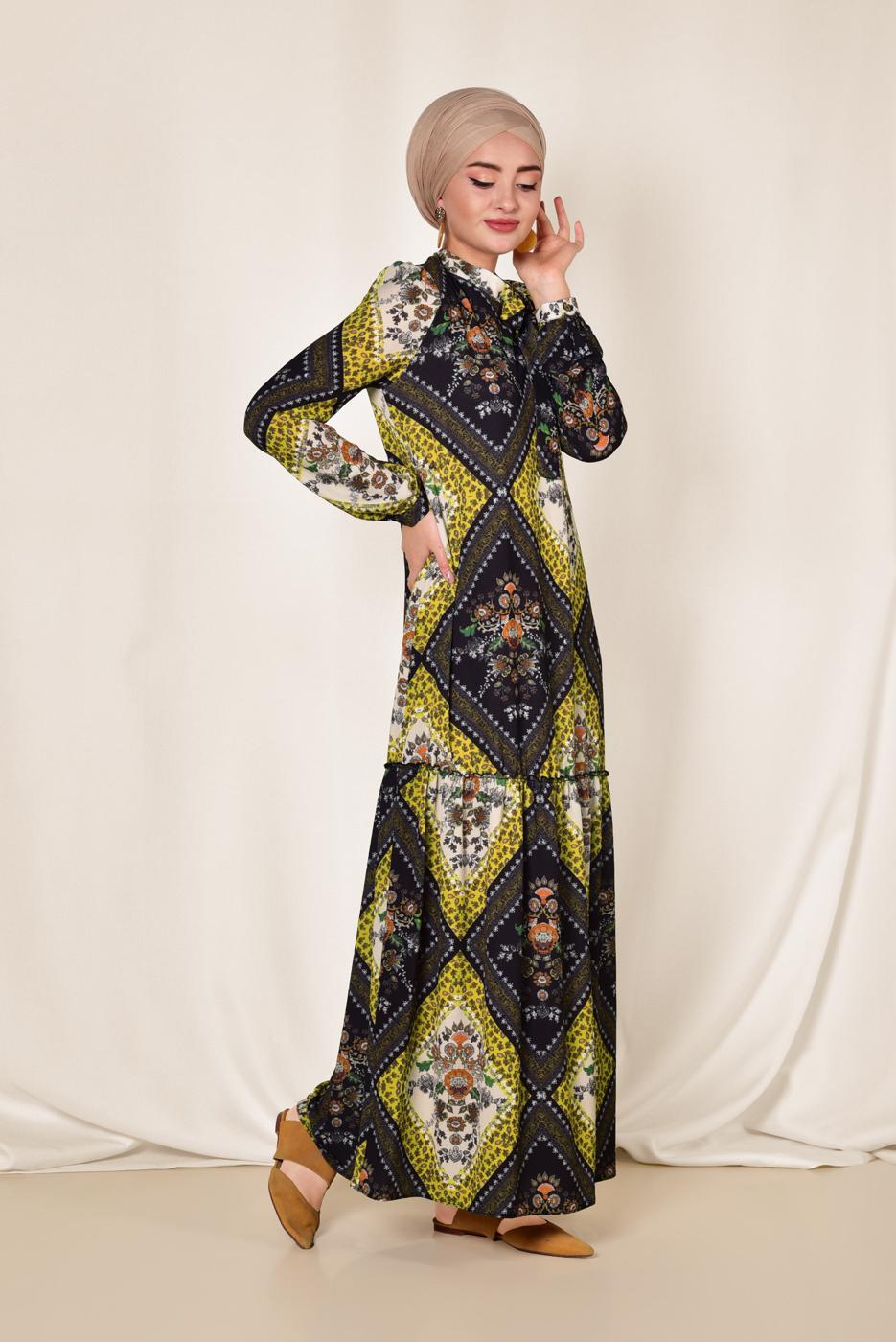 Tesettür giyim SARI ALVİNA YAKASI BAĞLAMALI DESENLİ ELBİSE 4085 
