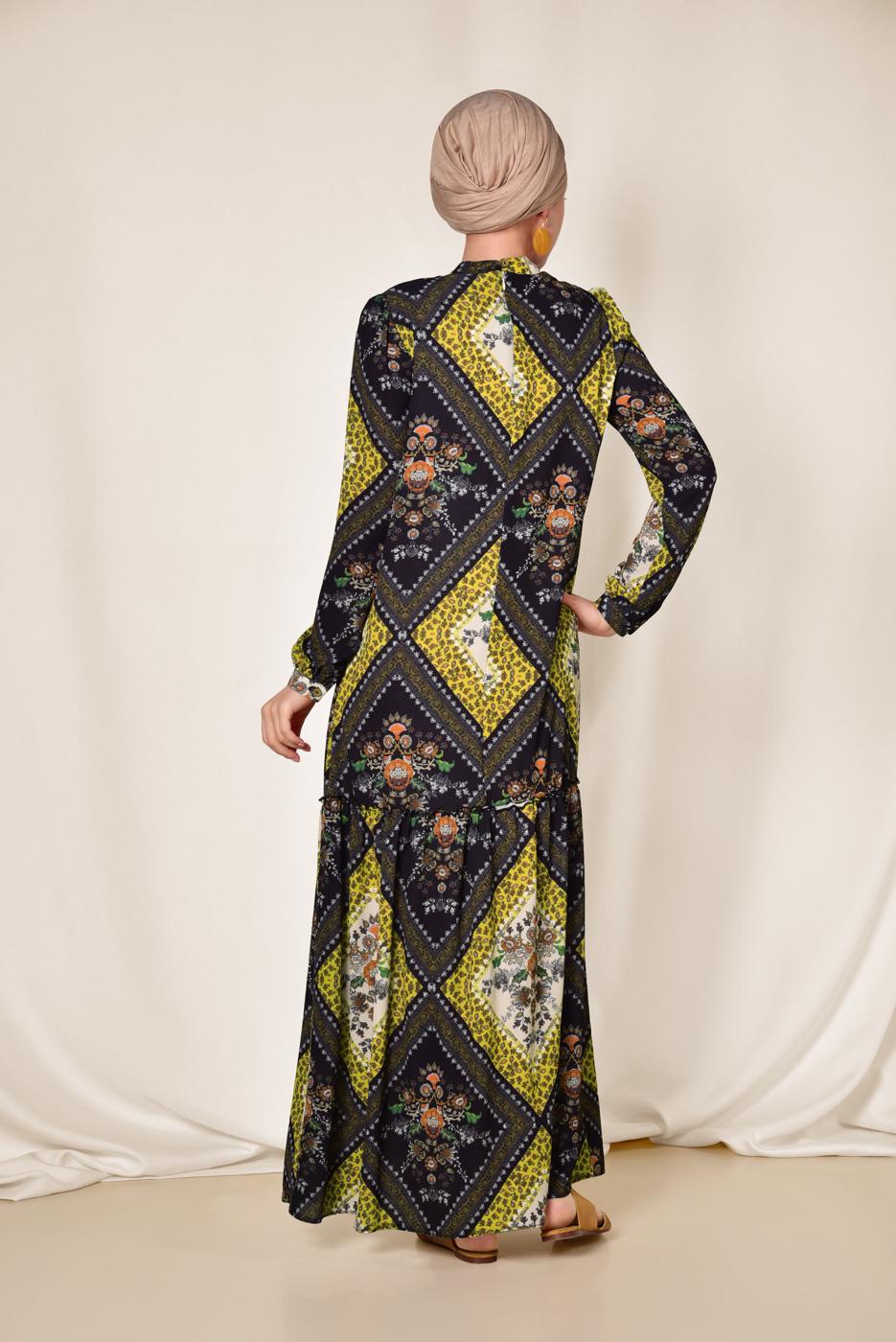 Tesettür giyim SARI ALVİNA YAKASI BAĞLAMALI DESENLİ ELBİSE 4085 