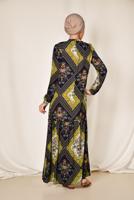 Tesettür giyim SARI ALVİNA YAKASI BAĞLAMALI DESENLİ ELBİSE 4085 