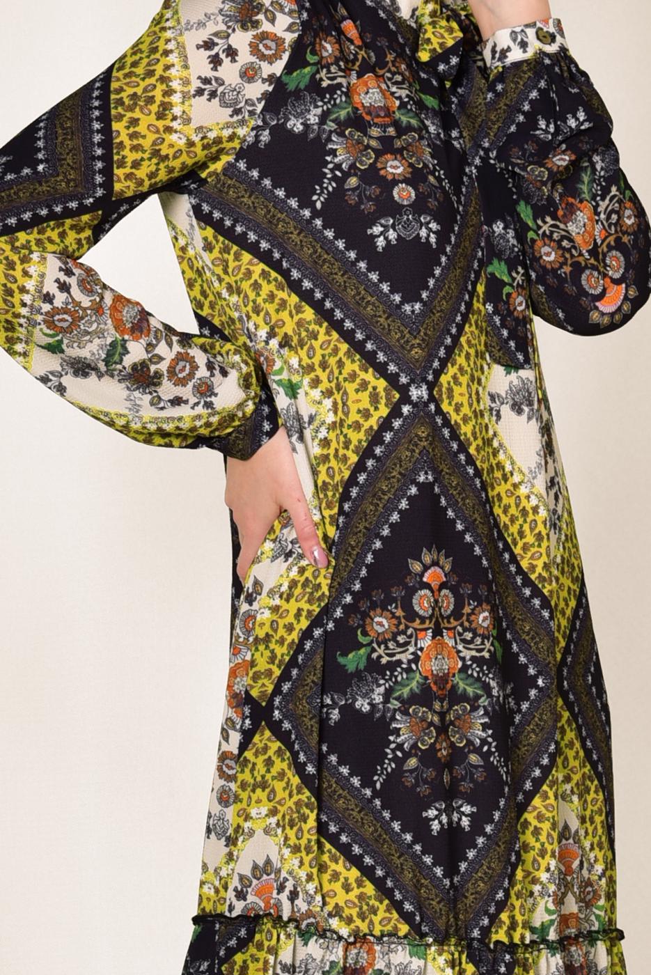 Tesettür giyim SARI ALVİNA YAKASI BAĞLAMALI DESENLİ ELBİSE 4085 