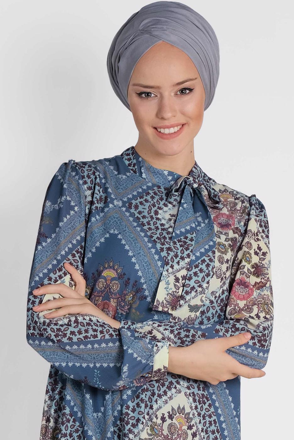 Tesettür giyim LACİVERT ALVİNA YAKASI BAĞLAMALI DESENLİ ELBİSE 4085 