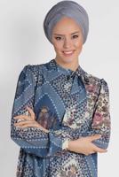 Tesettür giyim LACİVERT ALVİNA YAKASI BAĞLAMALI DESENLİ ELBİSE 4085 