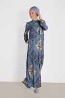 Tesettür giyim LACİVERT ALVİNA YAKASI BAĞLAMALI DESENLİ ELBİSE 4085 