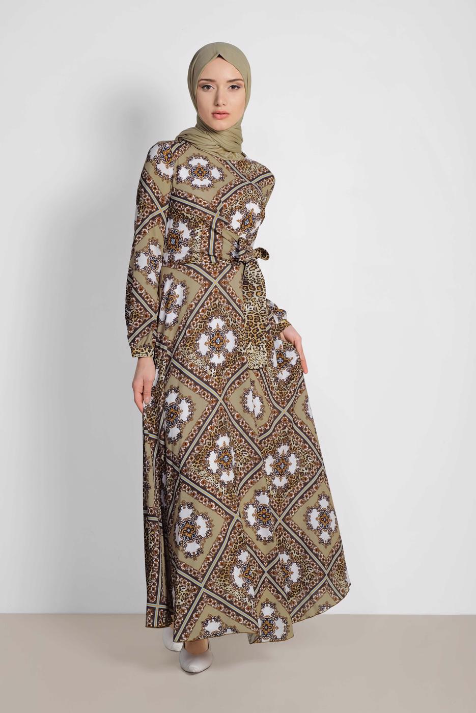 Tesettür giyim BEJ ALVİNA ETEĞİ VOLANLI DESENLİ ELBİSE 4087  