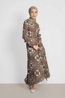 Tesettür giyim BEJ ALVİNA ETEĞİ VOLANLI DESENLİ ELBİSE 4087  