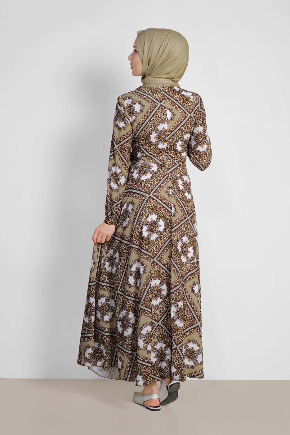 Tesettür giyim BEJ ALVİNA ETEĞİ VOLANLI DESENLİ ELBİSE 4087  