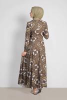 Tesettür giyim BEJ ALVİNA ETEĞİ VOLANLI DESENLİ ELBİSE 4087  