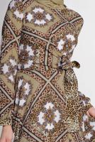 Tesettür giyim BEJ ALVİNA ETEĞİ VOLANLI DESENLİ ELBİSE 4087  