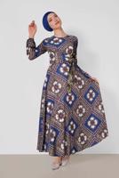 Tesettür giyim LACİVERT ALVİNA ETEĞİ VOLANLI DESENLİ ELBİSE 4087  