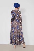 Tesettür giyim LACİVERT ALVİNA ETEĞİ VOLANLI DESENLİ ELBİSE 4087  