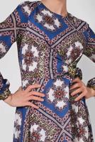 Tesettür giyim LACİVERT ALVİNA ETEĞİ VOLANLI DESENLİ ELBİSE 4087  