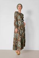 Tesettür giyim YEŞİL ALVİNA ETEĞİ VOLANLI DESENLİ ELBİSE 4087  