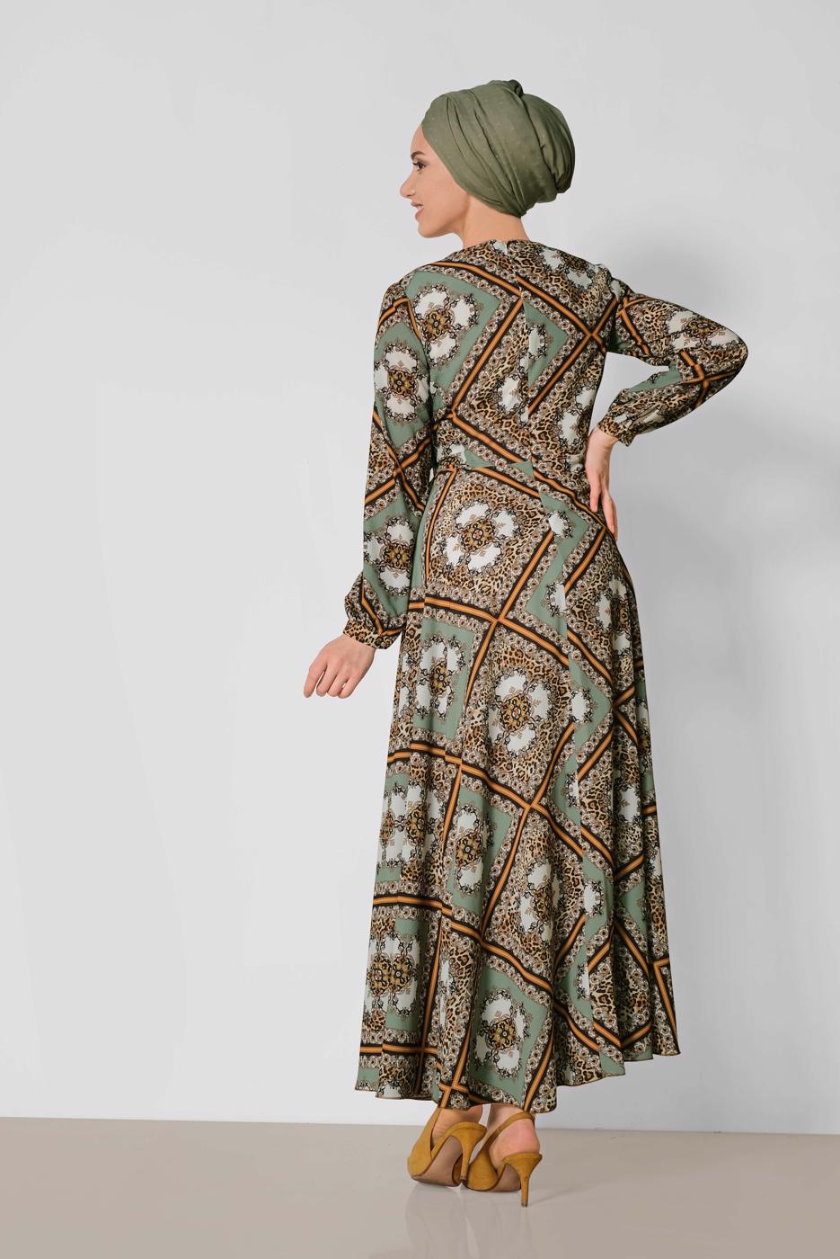 Tesettür giyim YEŞİL ALVİNA ETEĞİ VOLANLI DESENLİ ELBİSE 4087  