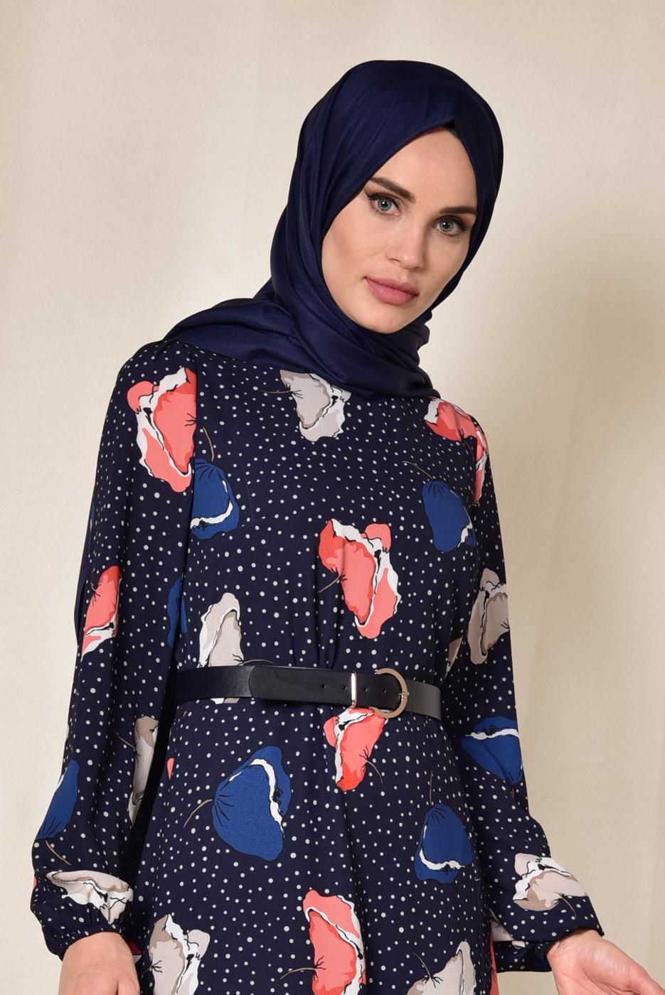 Tesettür giyim LACİVERT ALVİNA MANŞETLERİ LASTİKLİ DESENLİ ELBİSE   4106 