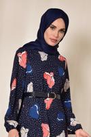 Tesettür giyim LACİVERT ALVİNA MANŞETLERİ LASTİKLİ DESENLİ ELBİSE   4106 