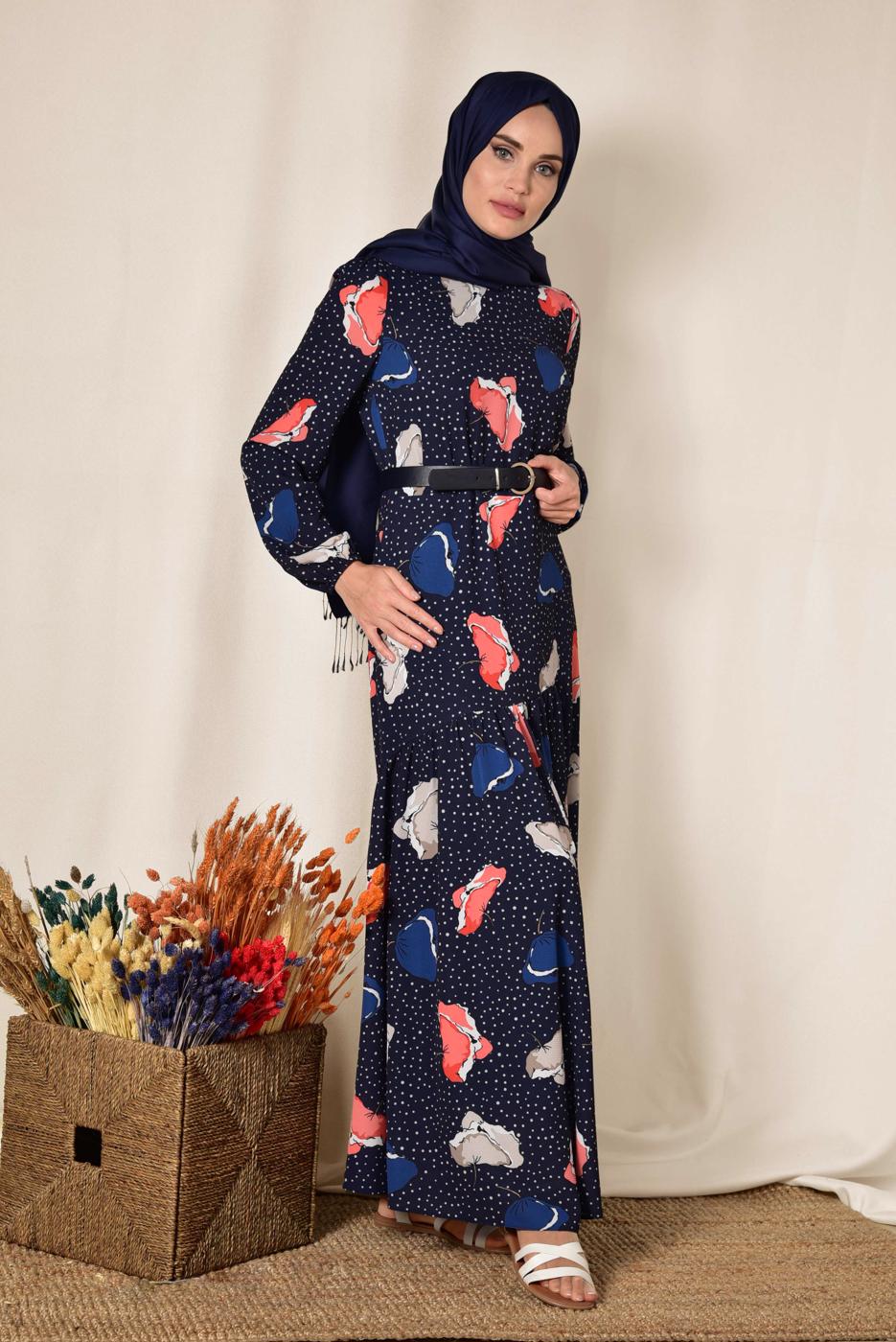 Tesettür giyim LACİVERT ALVİNA MANŞETLERİ LASTİKLİ DESENLİ ELBİSE   4106 