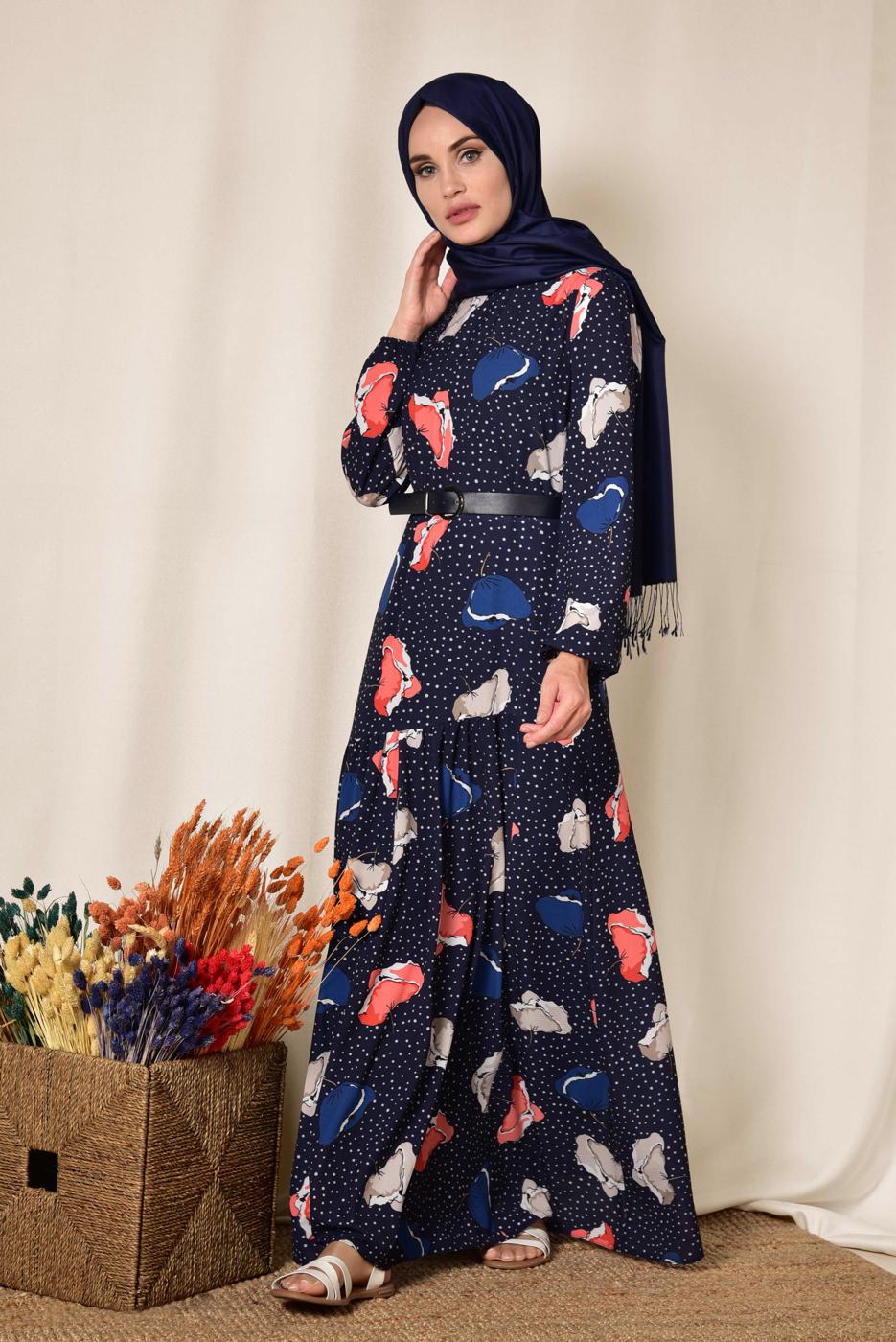 Tesettür giyim LACİVERT ALVİNA MANŞETLERİ LASTİKLİ DESENLİ ELBİSE   4106 