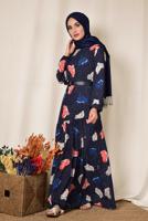 Tesettür giyim LACİVERT ALVİNA MANŞETLERİ LASTİKLİ DESENLİ ELBİSE   4106 