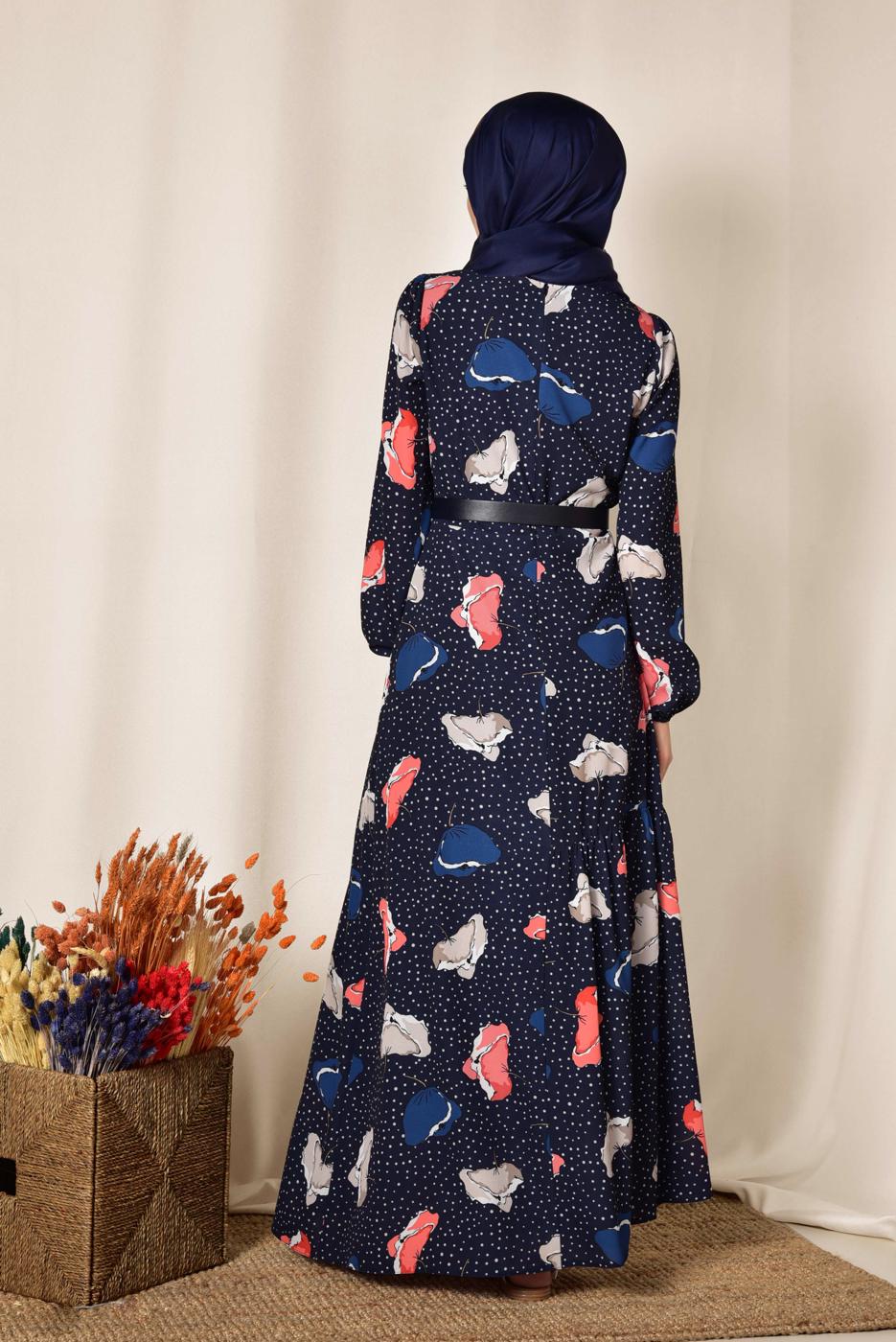 Tesettür giyim LACİVERT ALVİNA MANŞETLERİ LASTİKLİ DESENLİ ELBİSE   4106 