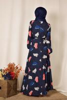 Tesettür giyim LACİVERT ALVİNA MANŞETLERİ LASTİKLİ DESENLİ ELBİSE   4106 