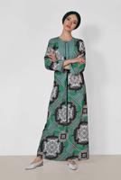 Tesettür giyim YEŞİL ALVİNA BELİ BÜZGÜLÜ DESENLİ ELBİSE 4107