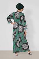 Tesettür giyim YEŞİL ALVİNA BELİ BÜZGÜLÜ DESENLİ ELBİSE 4107