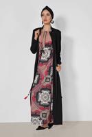 Tesettür giyim BORDO ALVİNA BELİ BÜZGÜLÜ DESENLİ ELBİSE 4107