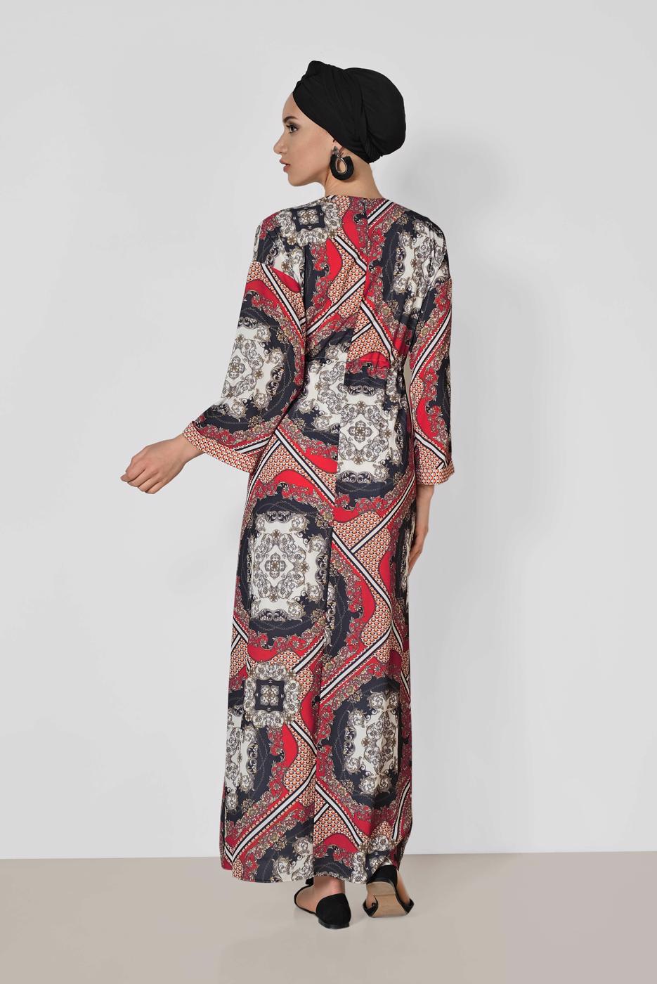 Tesettür giyim BORDO ALVİNA BELİ BÜZGÜLÜ DESENLİ ELBİSE 4107
