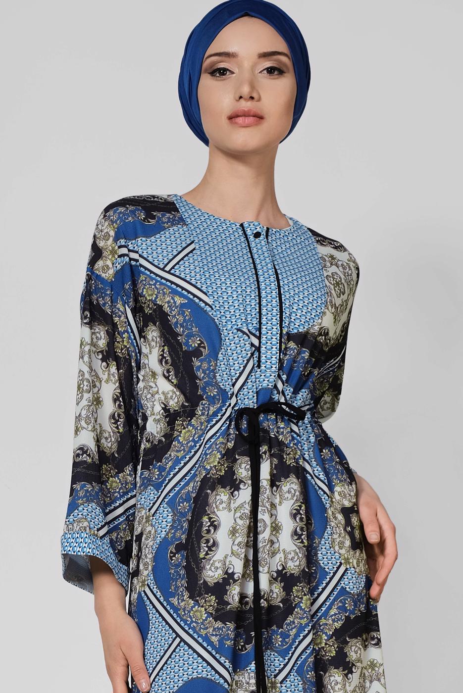 Tesettür giyim LACİVERT ALVİNA BELİ BÜZGÜLÜ DESENLİ ELBİSE 4107