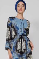 Tesettür giyim LACİVERT ALVİNA BELİ BÜZGÜLÜ DESENLİ ELBİSE 4107