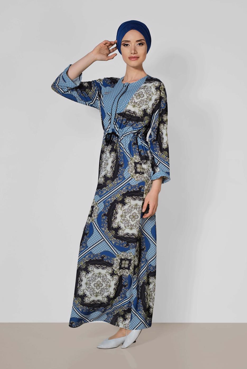 Tesettür giyim LACİVERT ALVİNA BELİ BÜZGÜLÜ DESENLİ ELBİSE 4107