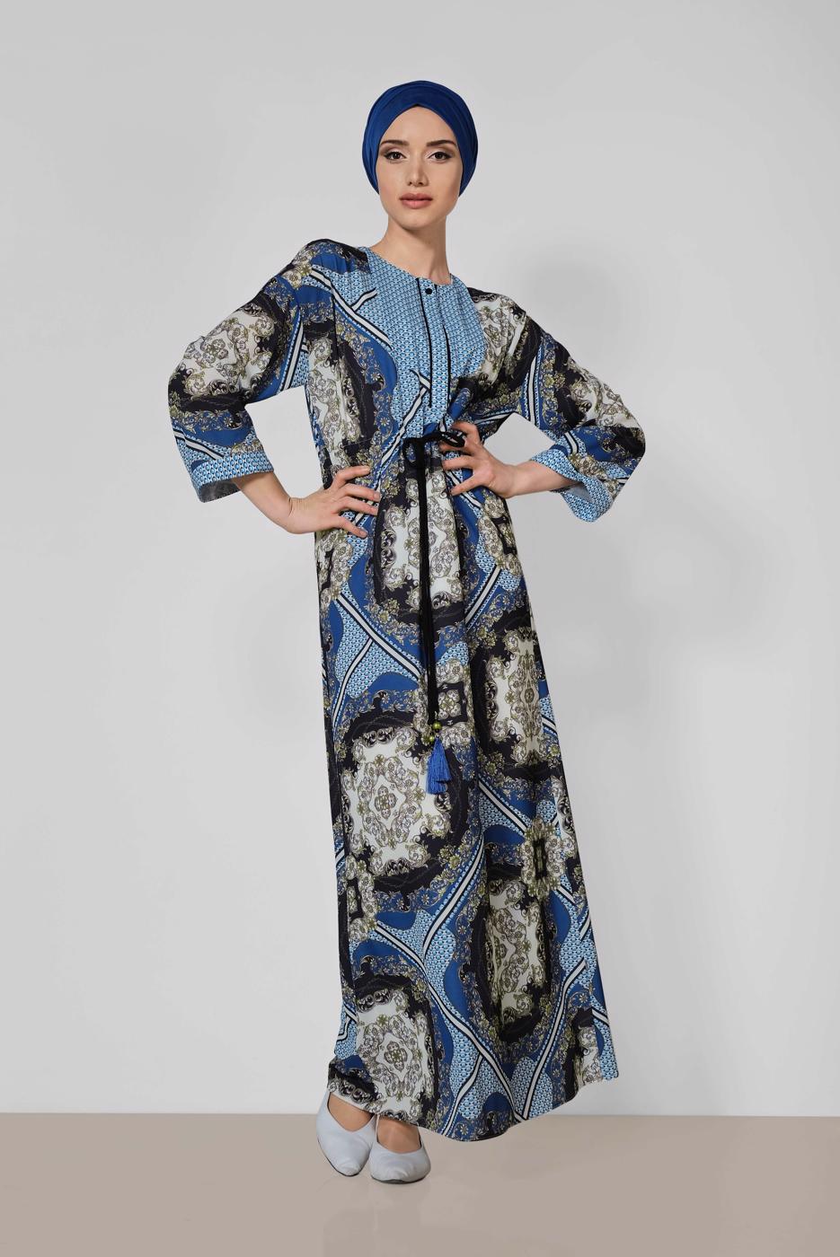 Tesettür giyim LACİVERT ALVİNA BELİ BÜZGÜLÜ DESENLİ ELBİSE 4107