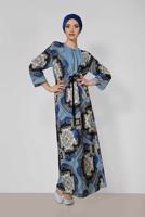 Tesettür giyim LACİVERT ALVİNA BELİ BÜZGÜLÜ DESENLİ ELBİSE 4107