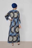 Tesettür giyim LACİVERT ALVİNA BELİ BÜZGÜLÜ DESENLİ ELBİSE 4107