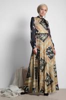 Tesettür giyim BEJ ALVİNA DESENLİ SATEN ELBİSE 4125