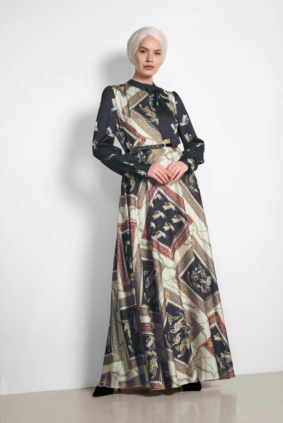 Tesettür giyim GRİ ALVİNA DESENLİ SATEN ELBİSE 4125