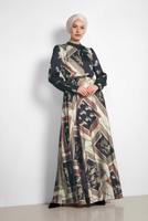 Tesettür giyim GRİ ALVİNA DESENLİ SATEN ELBİSE 4125