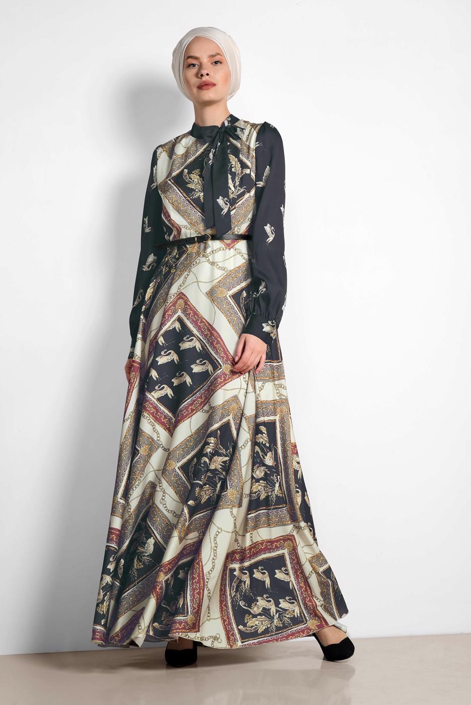 Tesettür giyim GRİ ALVİNA DESENLİ SATEN ELBİSE 4125