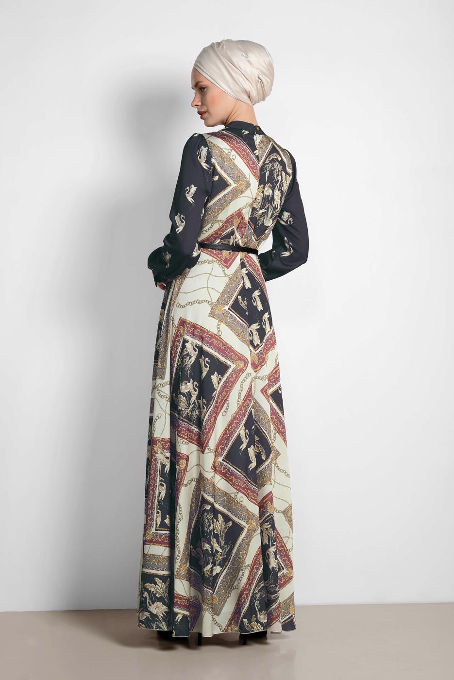 Tesettür giyim GRİ ALVİNA DESENLİ SATEN ELBİSE 4125