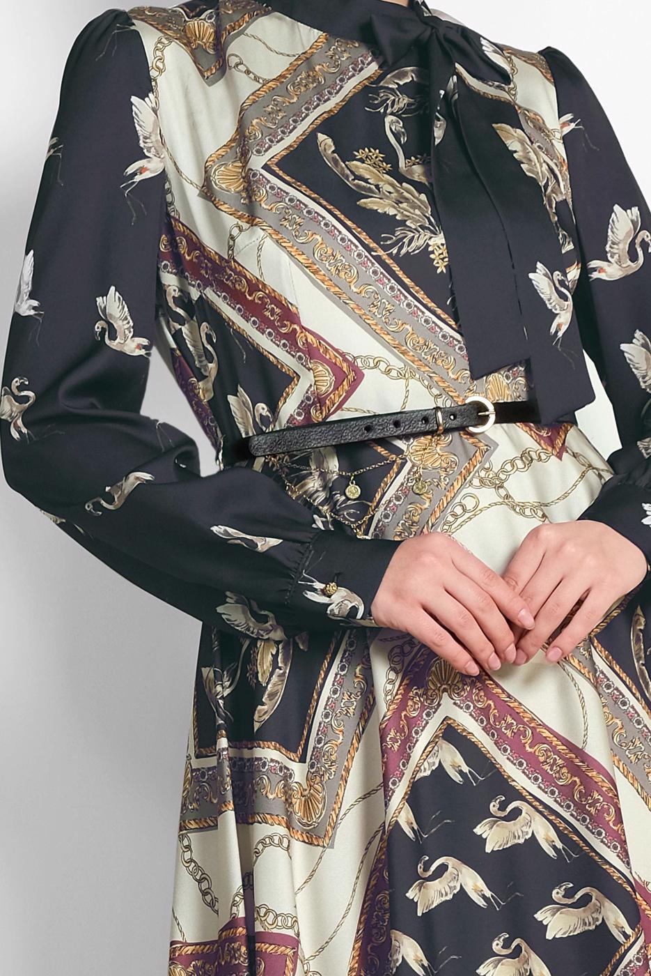 Tesettür giyim GRİ ALVİNA DESENLİ SATEN ELBİSE 4125