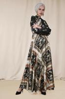 Tesettür giyim EKRU ALVİNA DESENLİ SATEN ELBİSE 4125