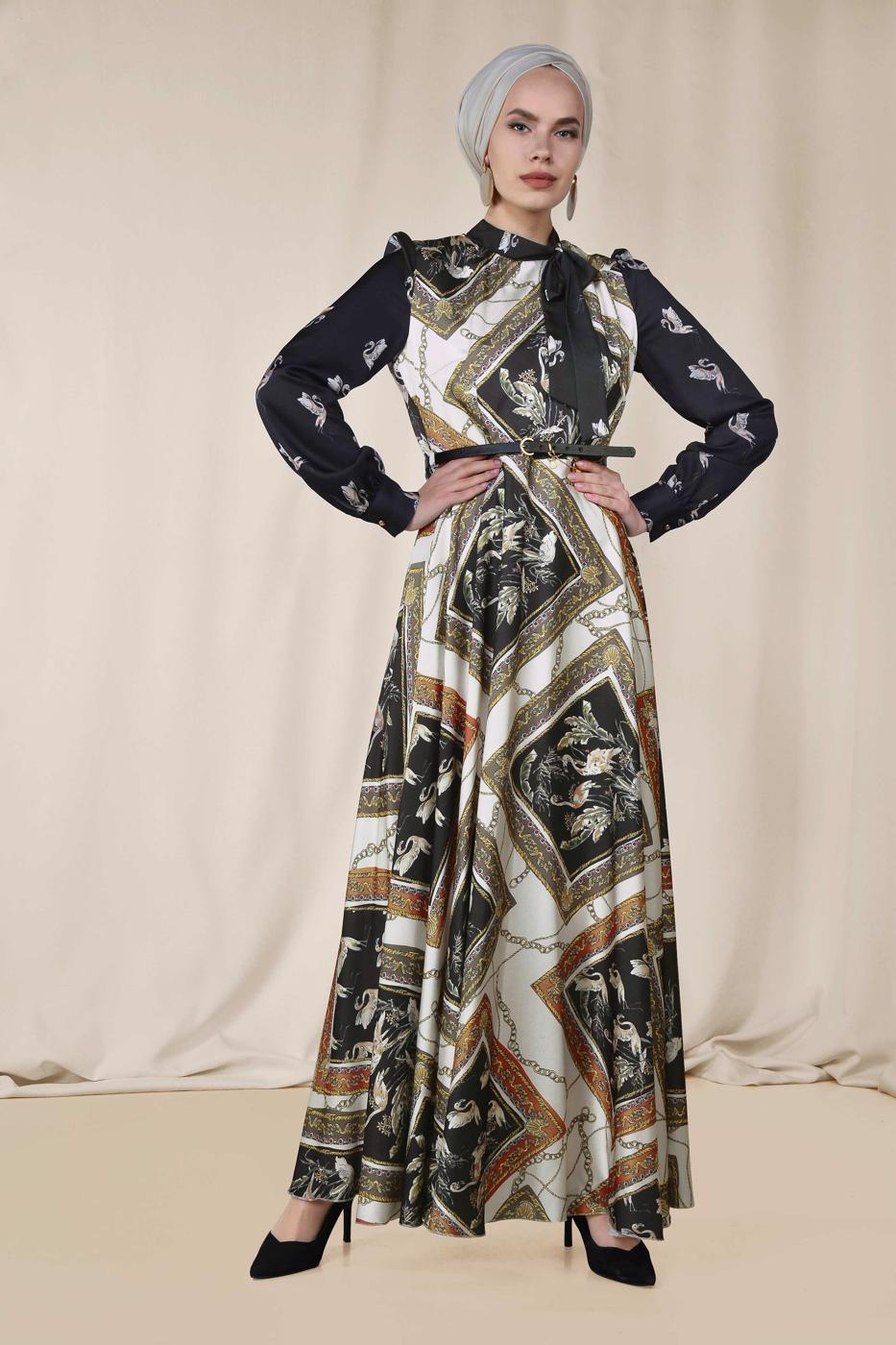Tesettür giyim EKRU ALVİNA DESENLİ SATEN ELBİSE 4125