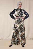 Tesettür giyim EKRU ALVİNA DESENLİ SATEN ELBİSE 4125