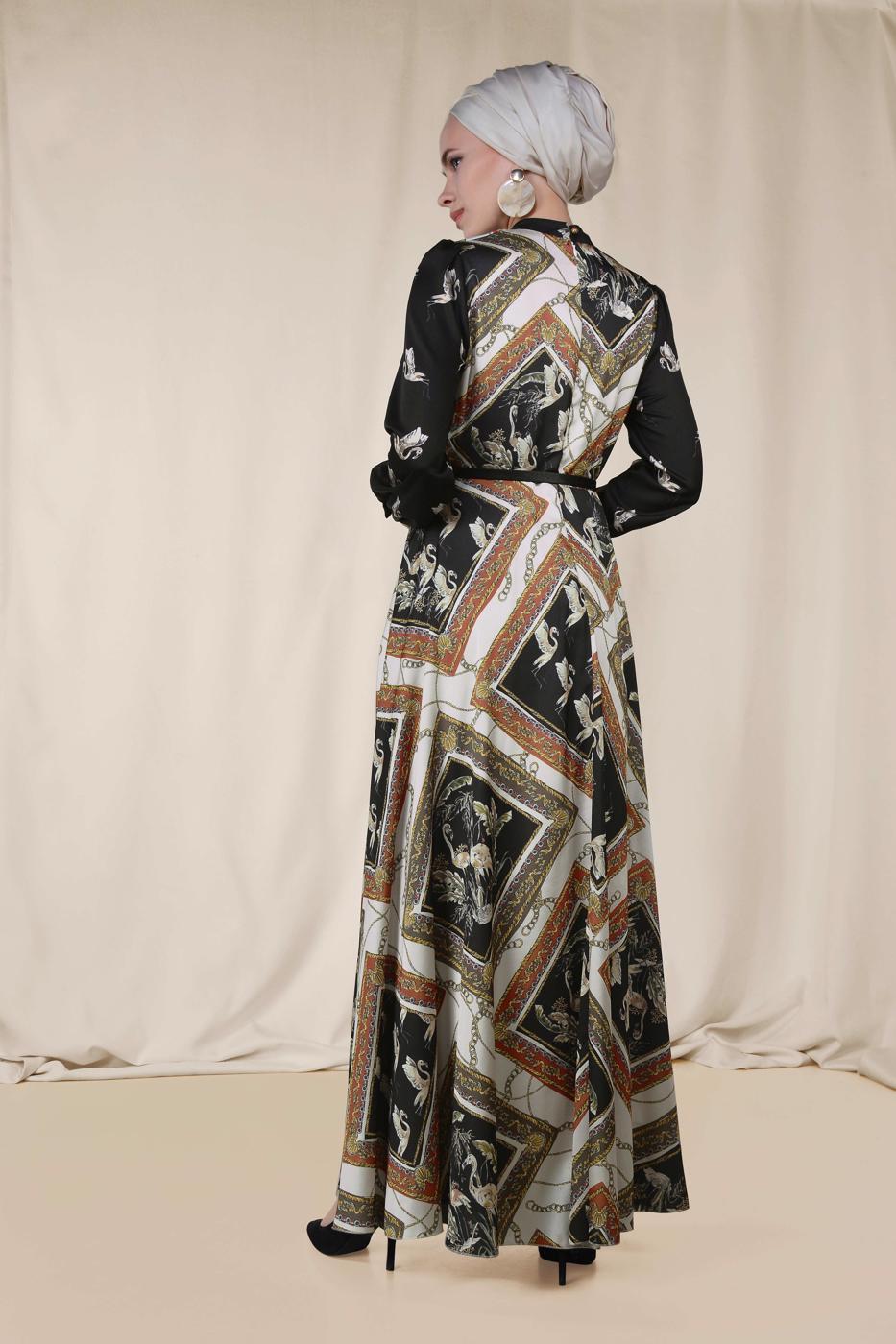 Tesettür giyim EKRU ALVİNA DESENLİ SATEN ELBİSE 4125