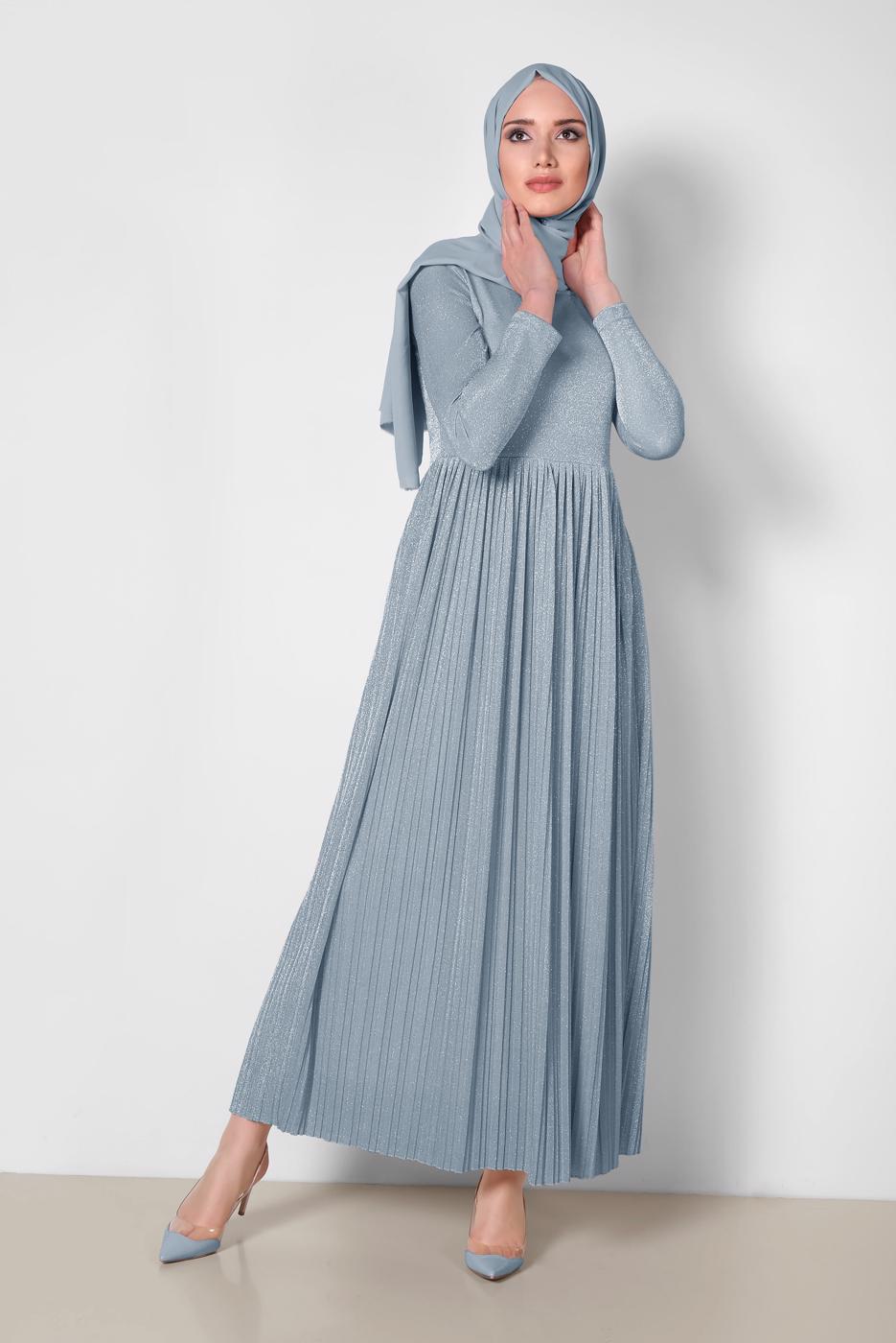 Tesettür giyim MAVİ ALVİNA PİLİSELİ SİMLİ ELBİSE 4126